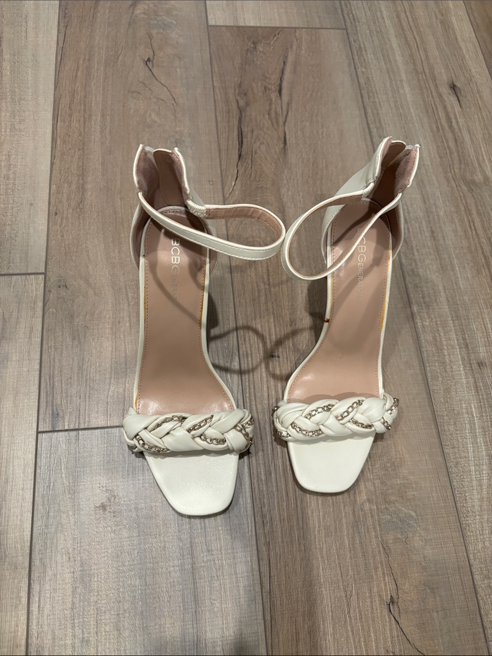BCBG Cream Braided Ankle-Strap Heeled Sandals Size 10